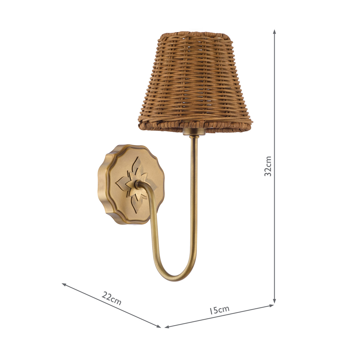 Adyara Wall Light in Antique Bronze With Tapered Brown Rattan Shade