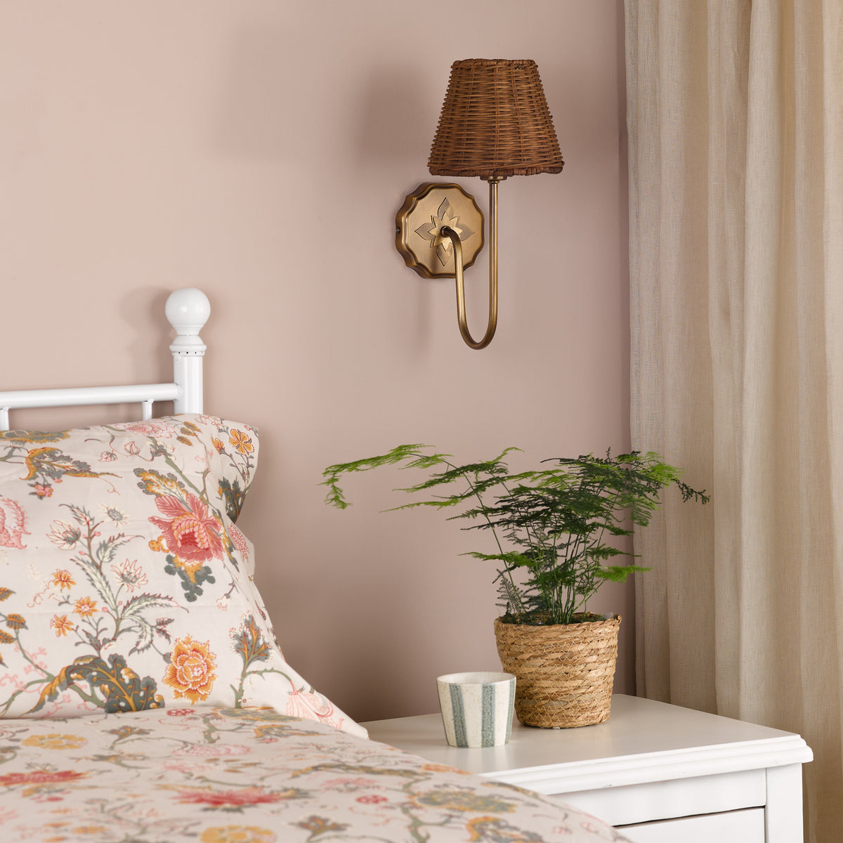 Adyara Wall Light in Antique Bronze With Tapered Brown Rattan Shade