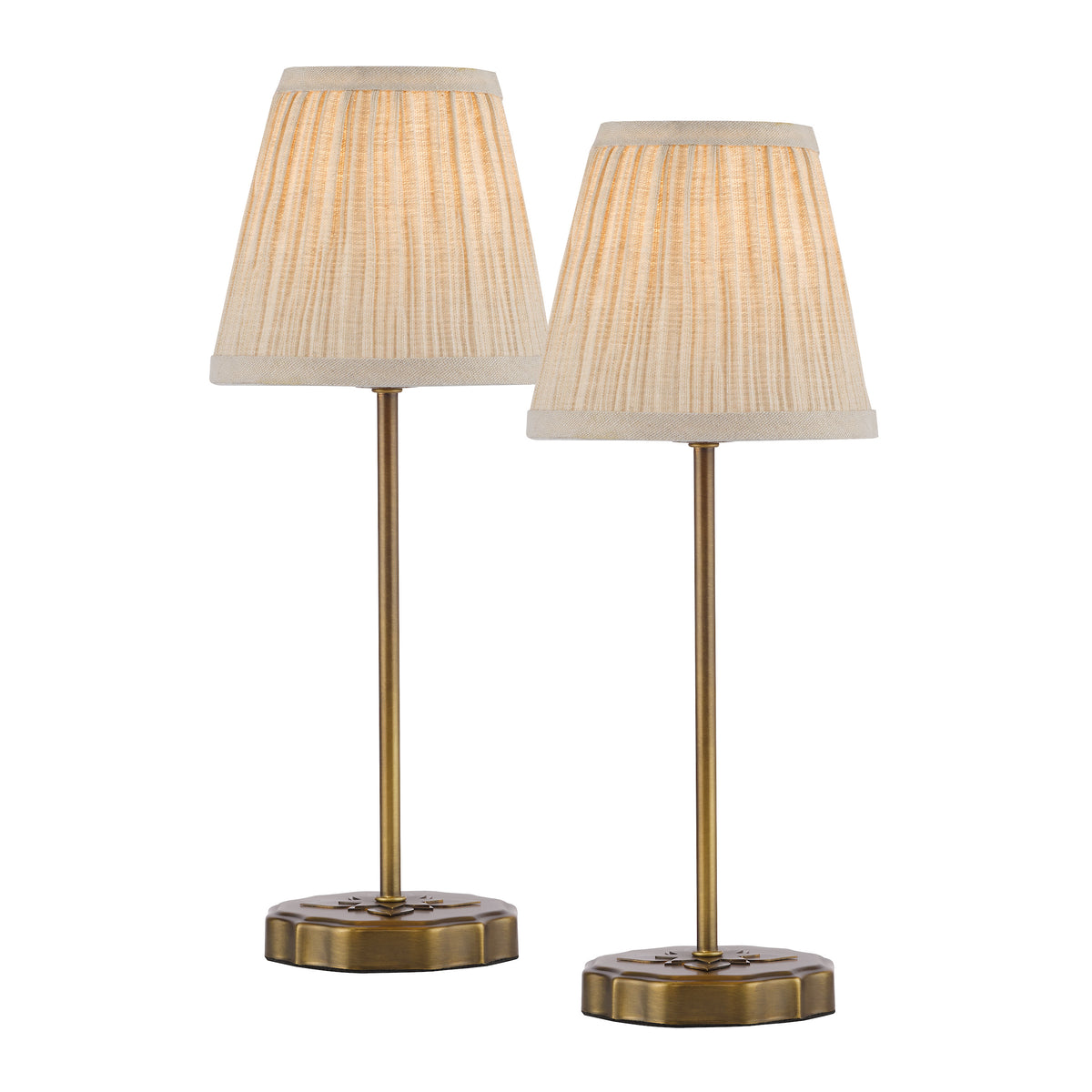 Twin Pack of Adyara Antique Brass Table Lamps with Pleated Linen Shade
