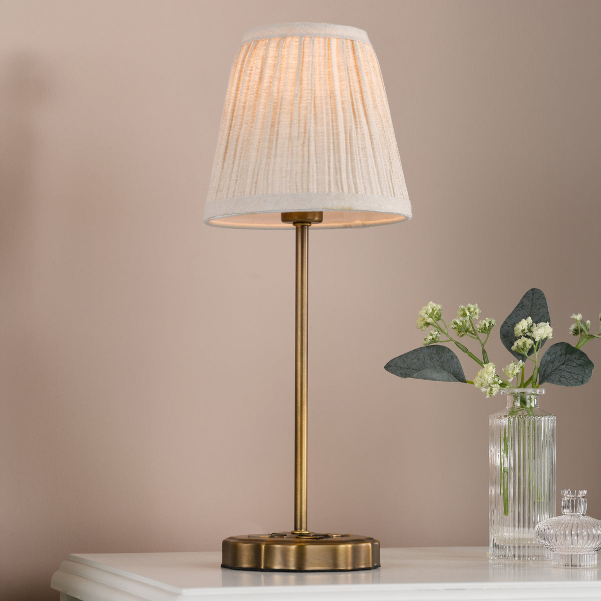 Twin Pack of Adyara Antique Brass Table Lamps with Pleated Linen Shade