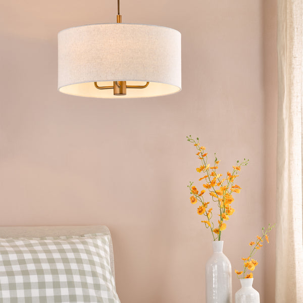 Aelin Three Light Pendant in Matt Bronze With Natural Linen Shade