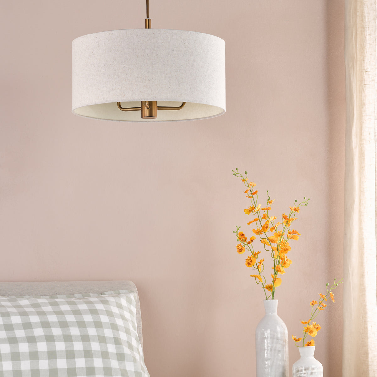 Aelin Three Light Pendant in Matt Bronze With Natural Linen Shade