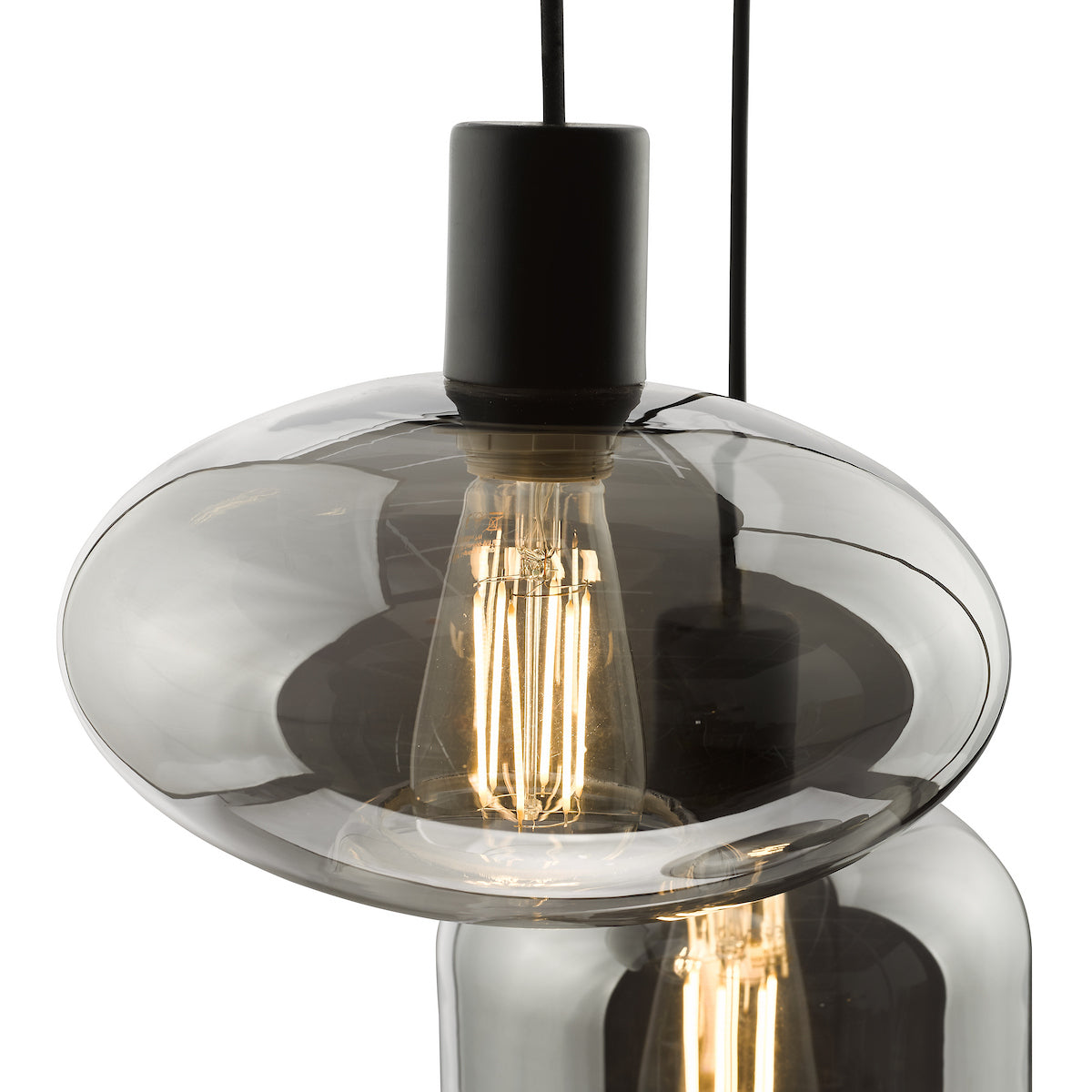 Two modern pendant lights with smoked glass shades and exposed filament bulbs.