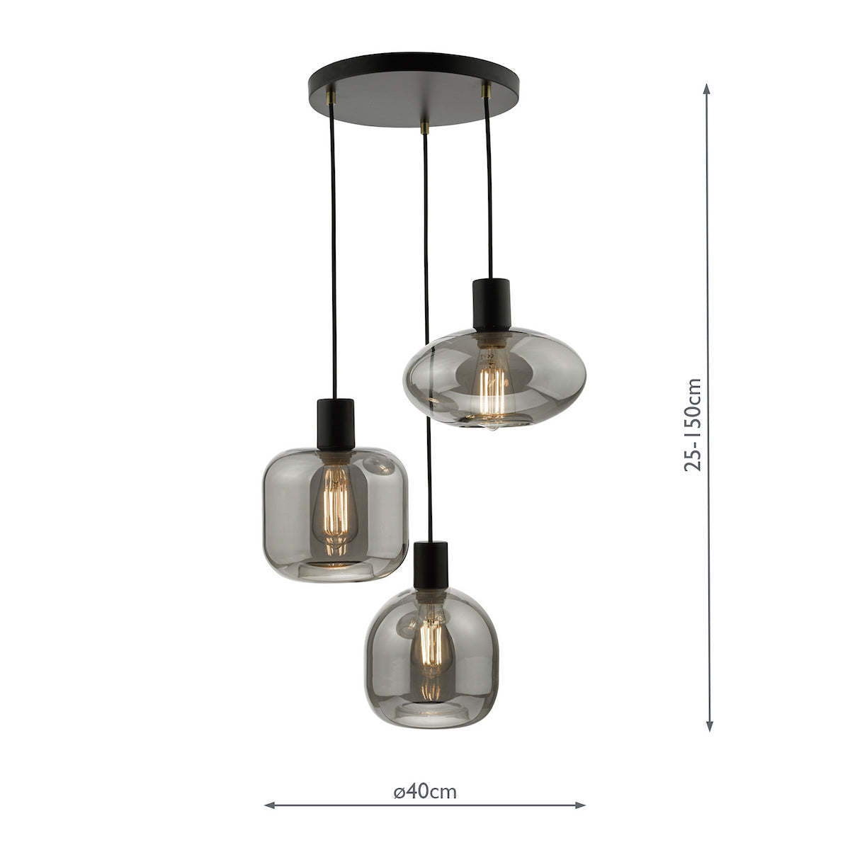 Three pendant lights with smoked glass shades, varying shapes, and exposed filament bulbs.