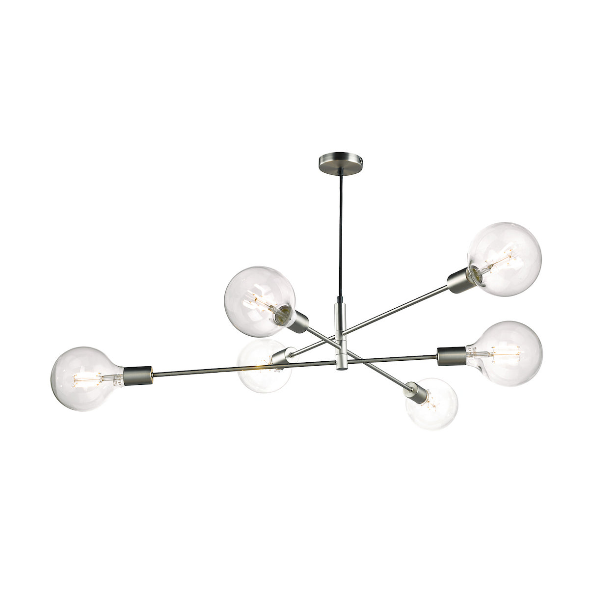 Modern brushed nickel chandelier with six exposed clear globe bulbs.