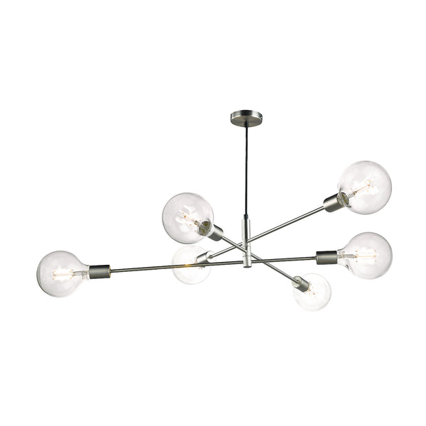 Modern brushed nickel chandelier with six exposed clear globe bulbs.
