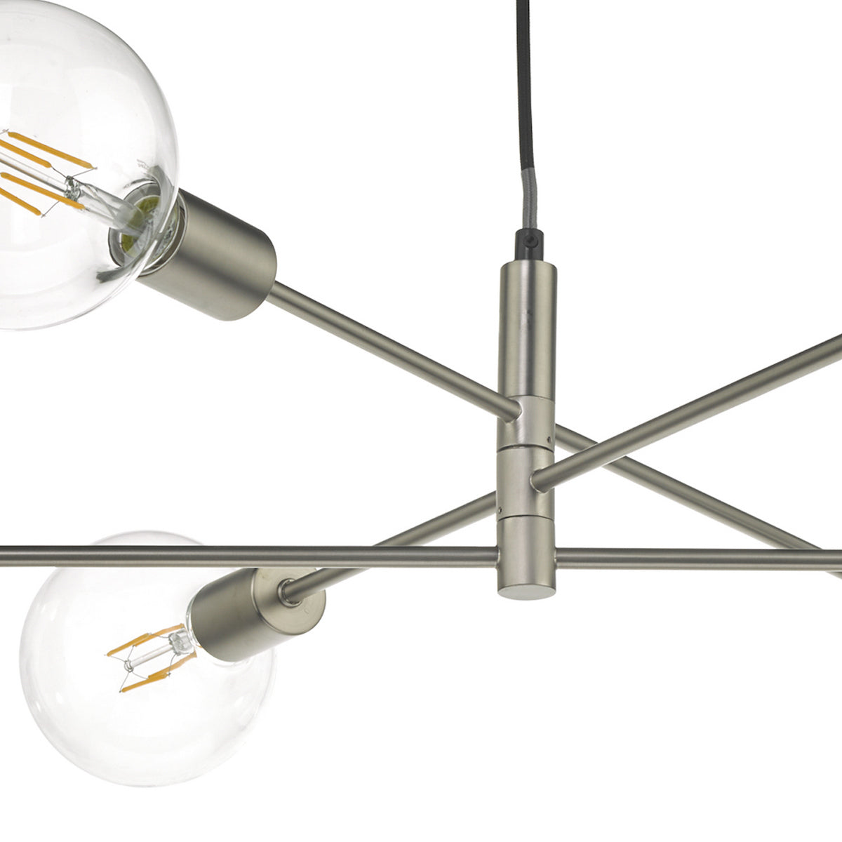Close-up of a modern chandelier with exposed bulbs and brushed nickel arms.