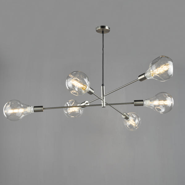 Modern chandelier with six clear, exposed bulbs on brushed nickel arms, against a gray background.