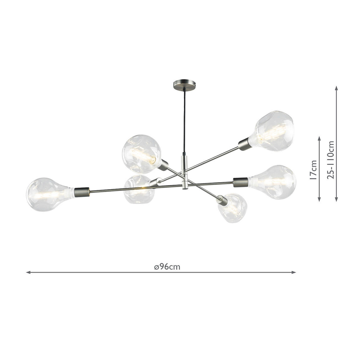 Modern chandelier with six exposed bulbs on brushed steel arms, dimensions shown.