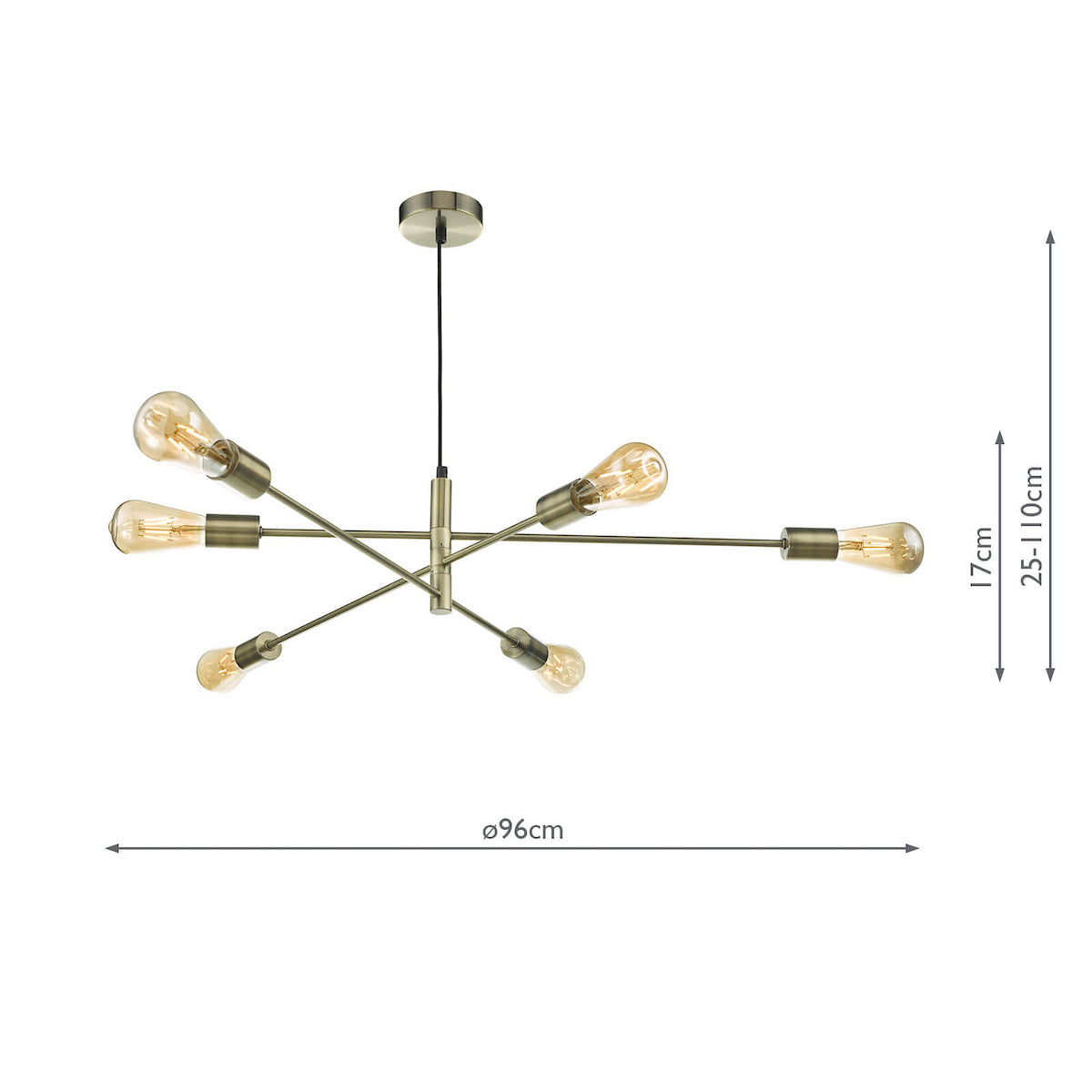 A brass chandelier with six exposed Edison bulbs, featuring adjustable height and a 96cm diameter.