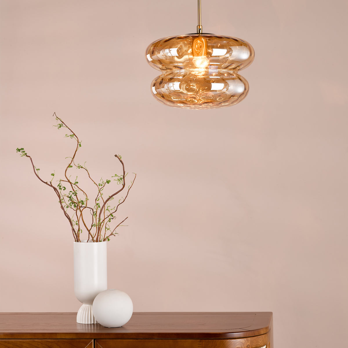Alcella Pendant in Natural Brass with Amber Dimple Glass Shade