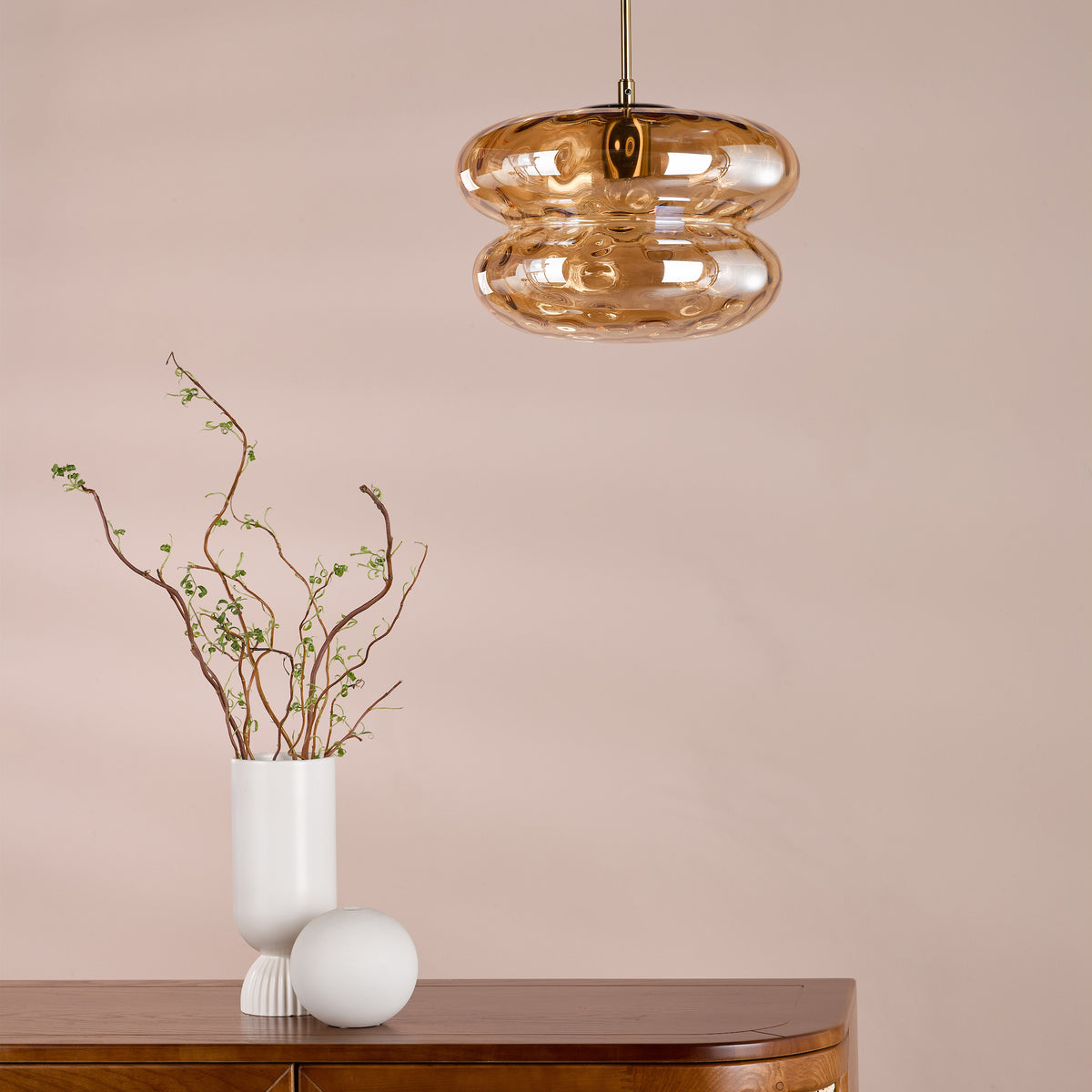 Alcella Pendant in Natural Brass with Amber Dimple Glass Shade
