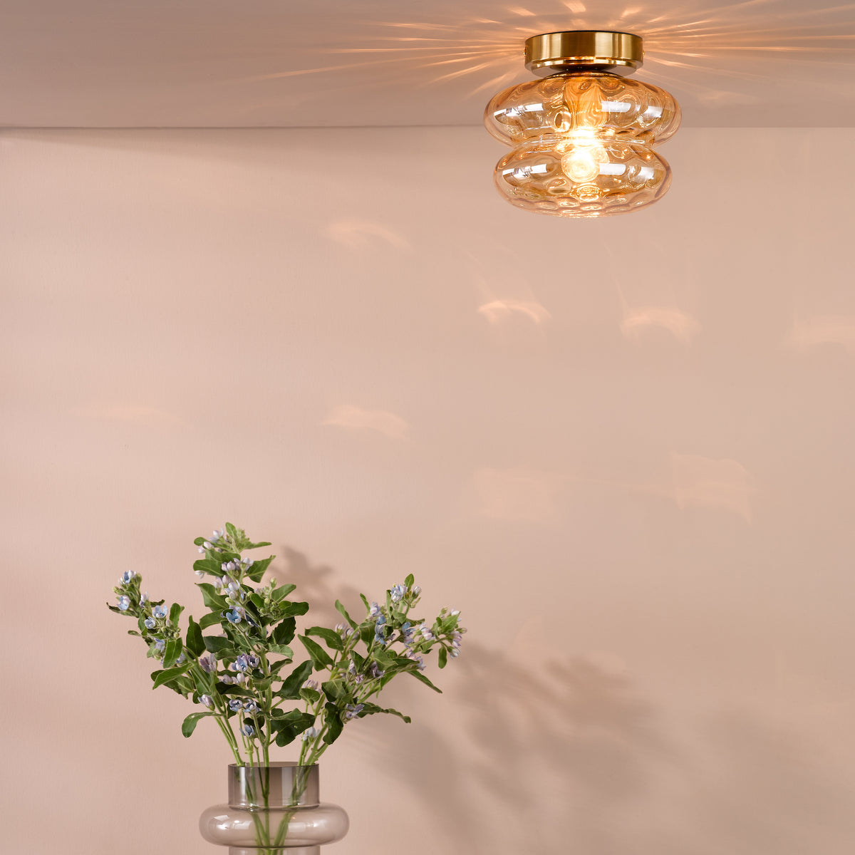 Alcella Wall or Ceiling Light in Natural Brass with Amber Dimple Glass Shade