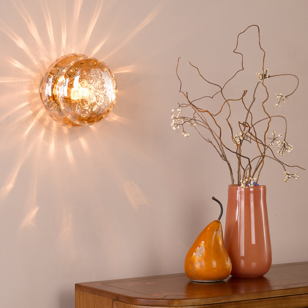 Alcella Wall or Ceiling Light in Natural Brass with Amber Dimple Glass Shade