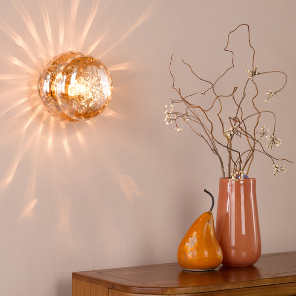 Alcella Wall or Ceiling Light in Natural Brass with Amber Dimple Glass Shade