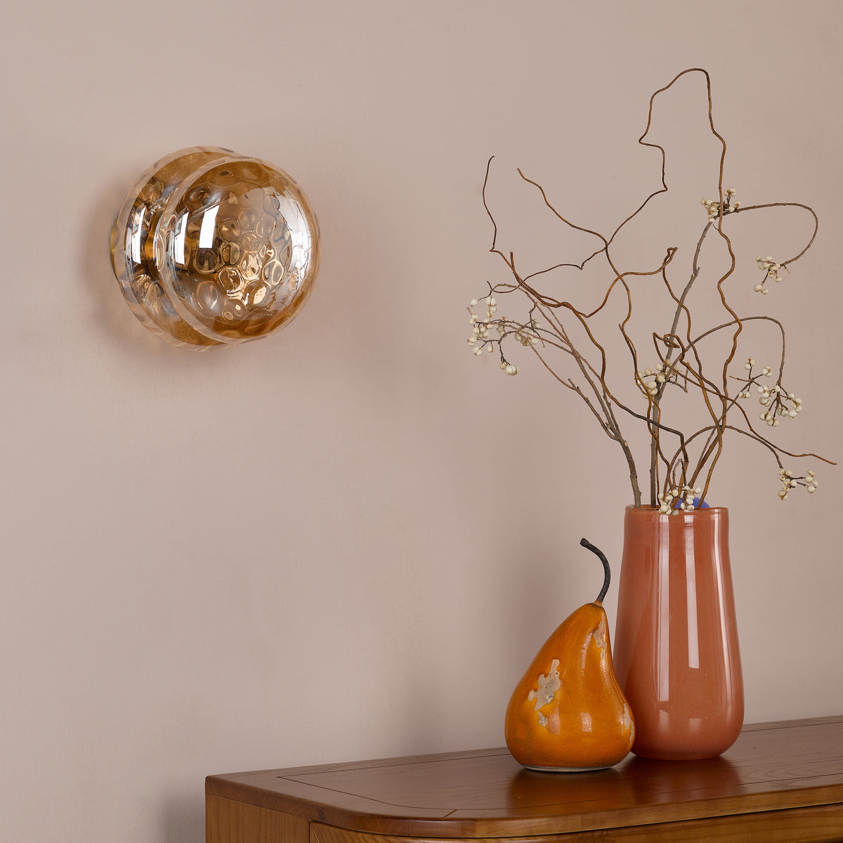 Alcella Wall or Ceiling Light in Natural Brass with Amber Dimple Glass Shade