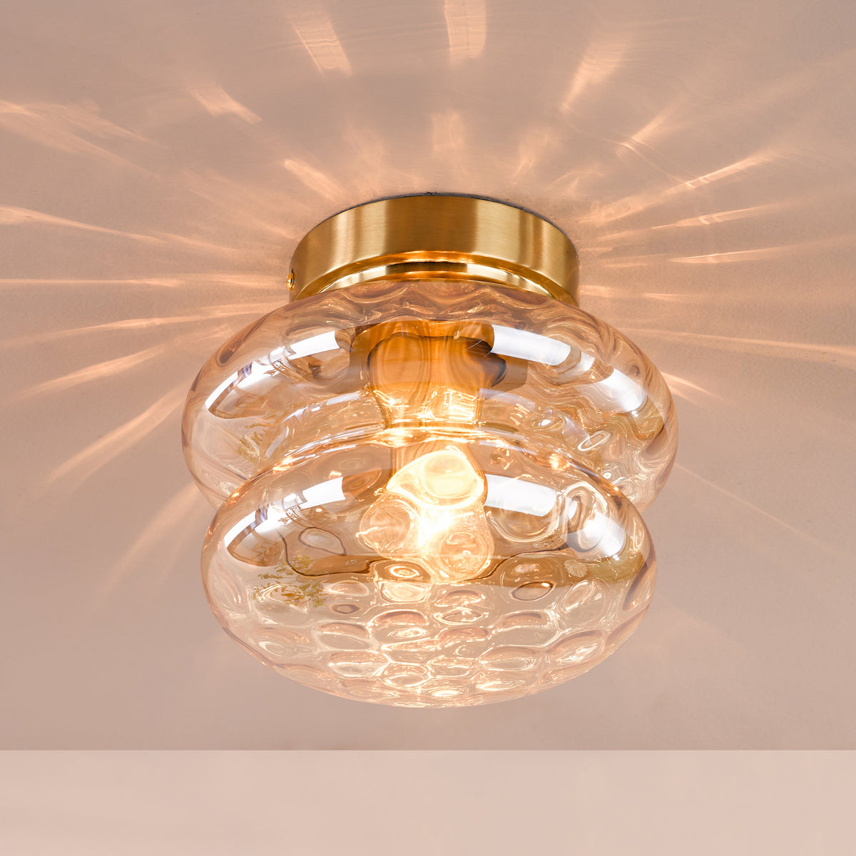 Alcella Wall or Ceiling Light in Natural Brass with Amber Dimple Glass Shade