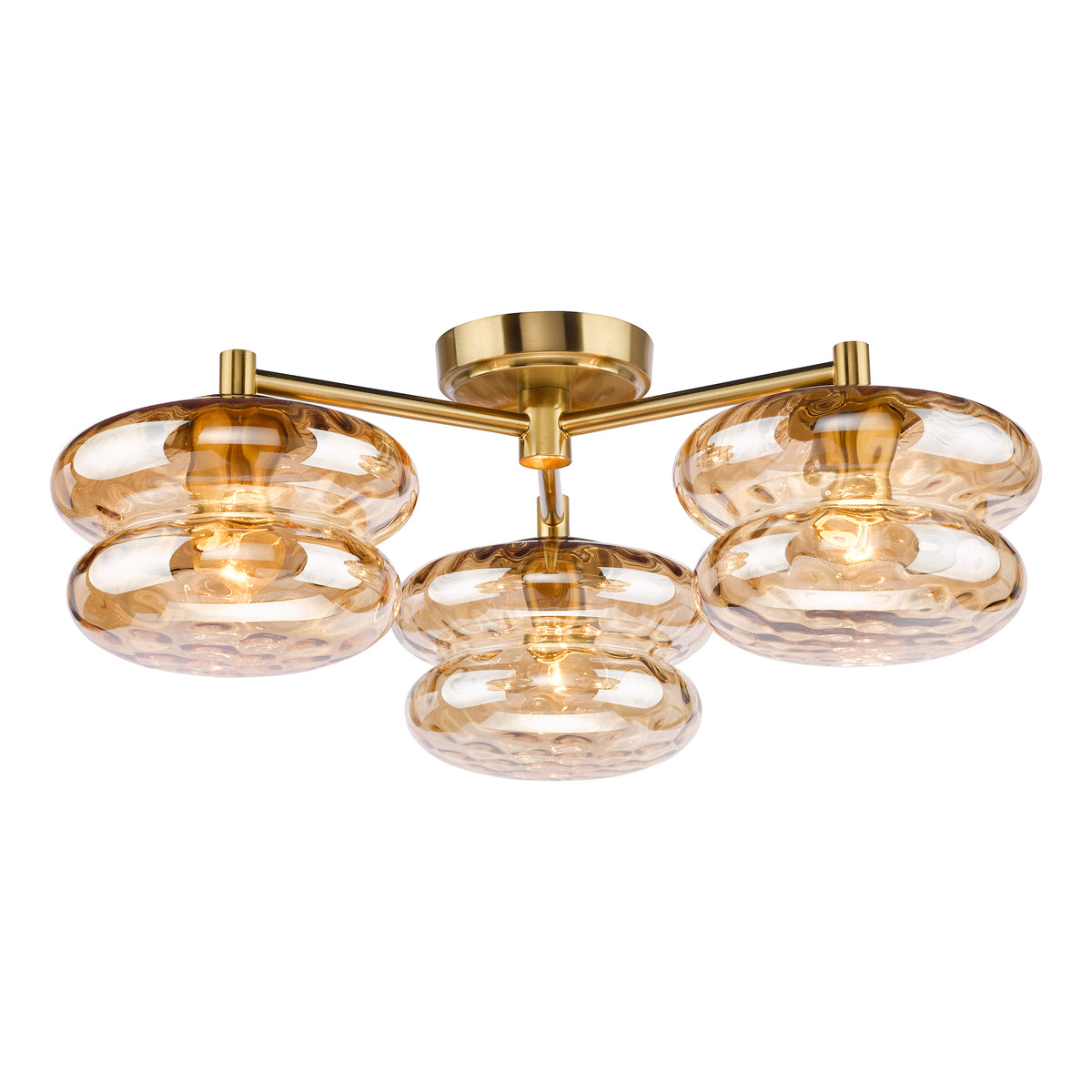 Alcella Three Arm Semi Flush Ceiling Light in Natural Brass with Amber Dimple Glass Shade
