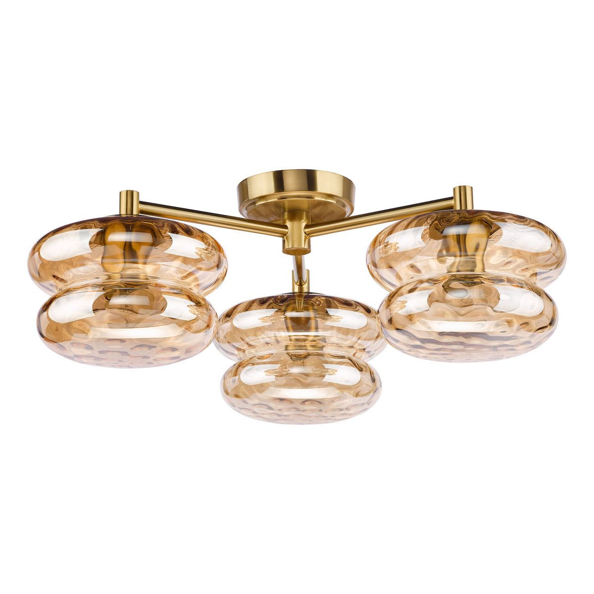 Alcella Three Arm Semi Flush Ceiling Light in Natural Brass with Amber Dimple Glass Shade