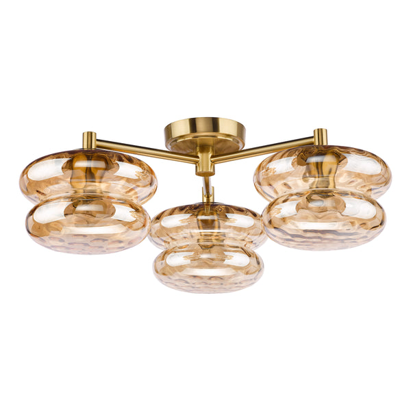 Alcella Three Arm Semi Flush Ceiling Light in Natural Brass with Amber Dimple Glass Shade