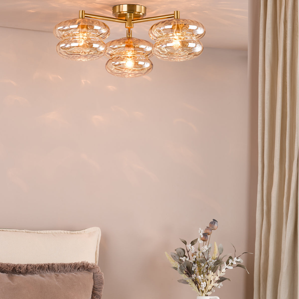 Alcella Three Arm Semi Flush Ceiling Light in Natural Brass with Amber Dimple Glass Shade