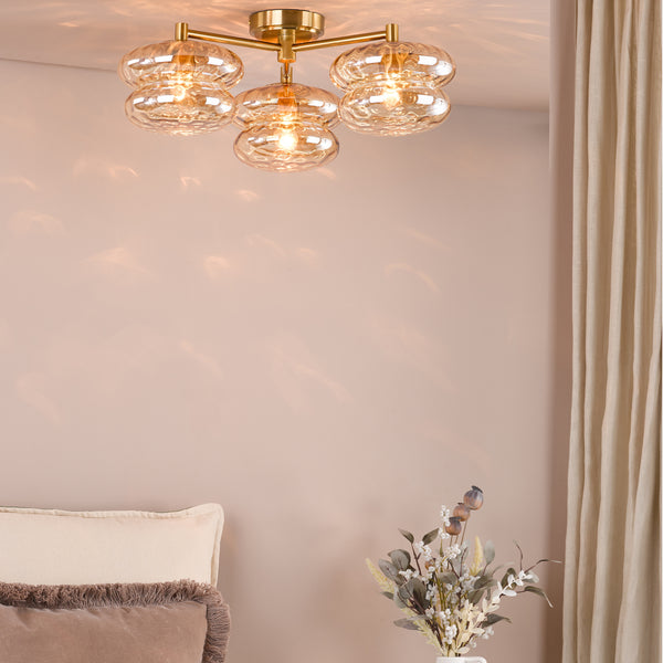 Alcella Three Arm Semi Flush Ceiling Light in Natural Brass with Amber Dimple Glass Shade