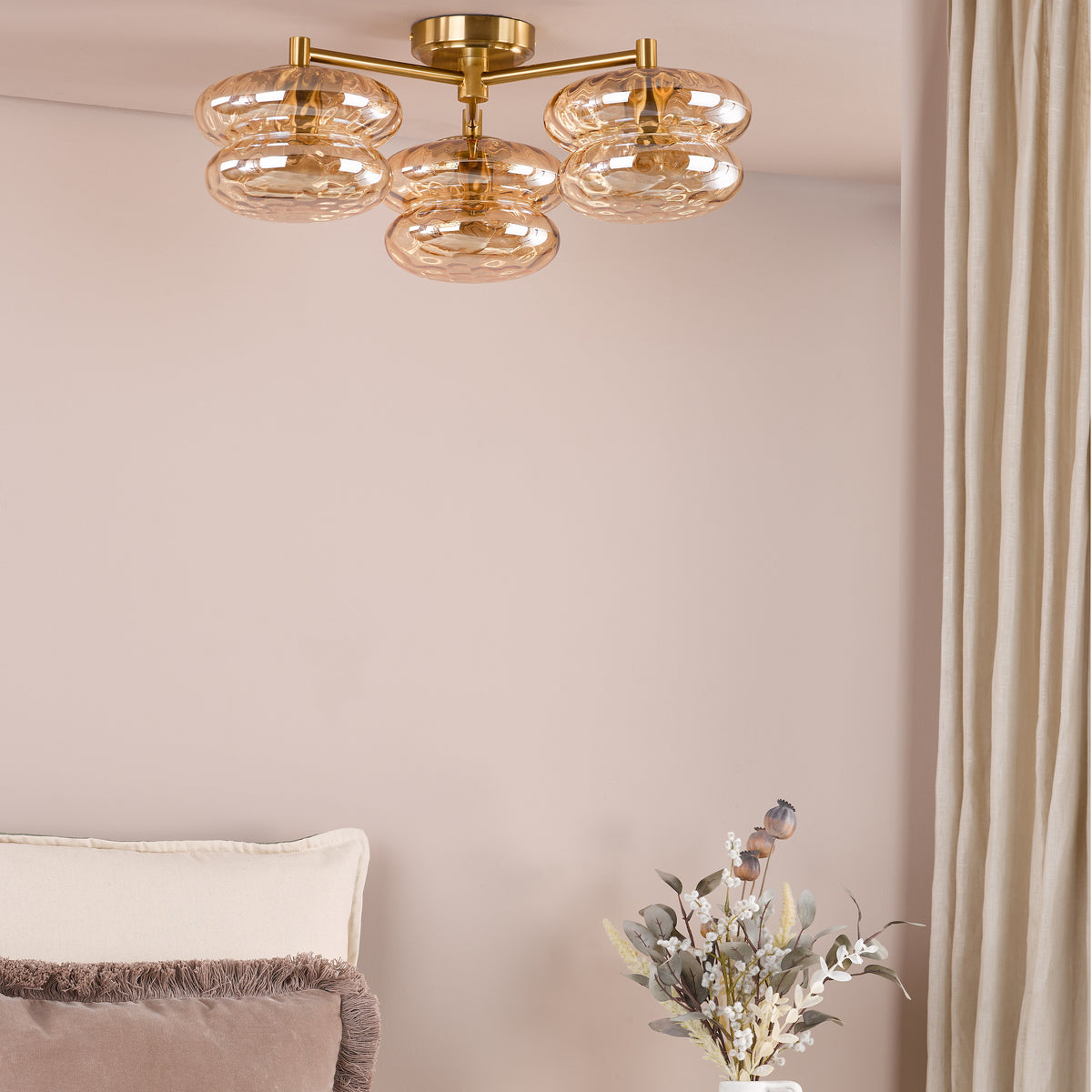 Alcella Three Arm Semi Flush Ceiling Light in Natural Brass with Amber Dimple Glass Shade