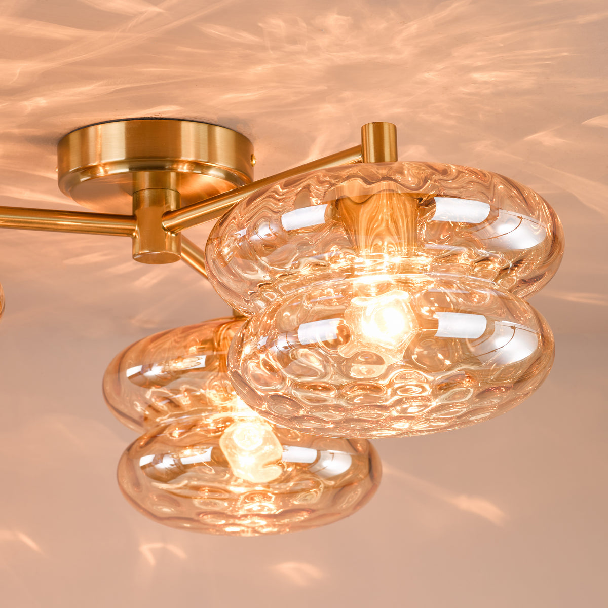 Alcella Three Arm Semi Flush Ceiling Light in Natural Brass with Amber Dimple Glass Shade