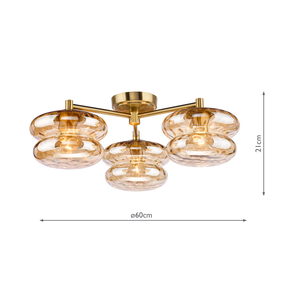 Alcella Three Arm Semi Flush Ceiling Light in Natural Brass with Amber Dimple Glass Shade