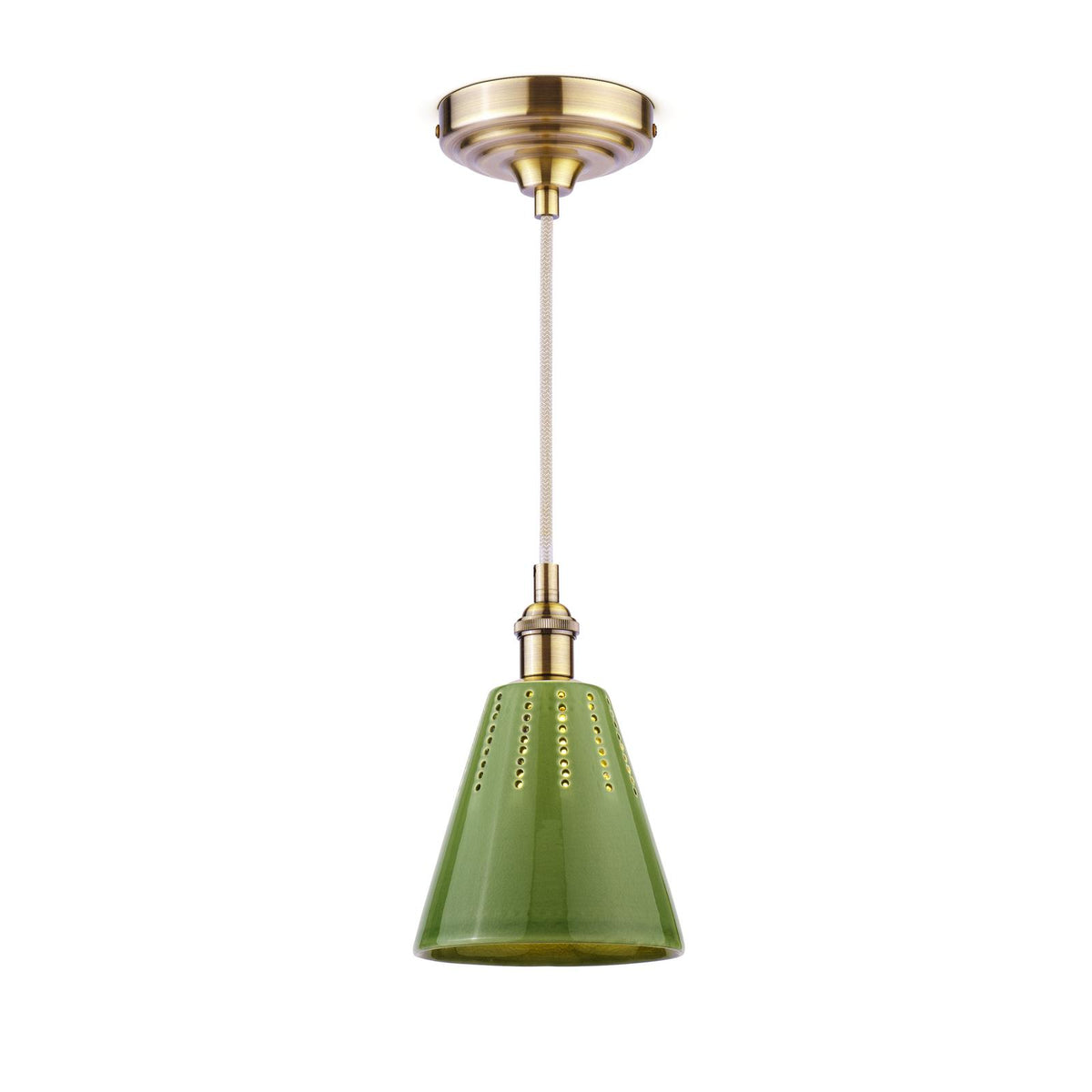 Joules Allington green glazed ceramic pendant light with matt antique brass fixture