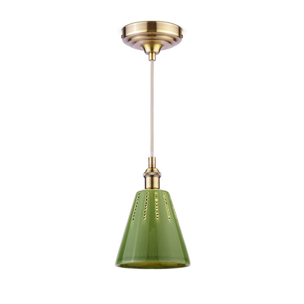 Joules Allington green glazed ceramic pendant light with matt antique brass fixture
