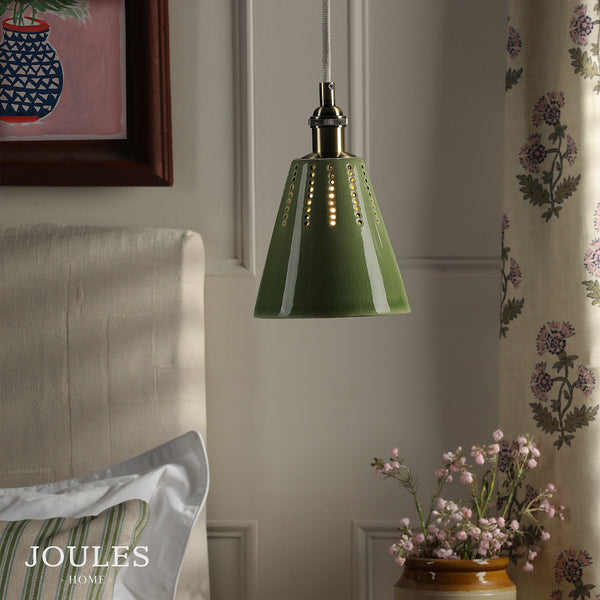 Allington Glazed Ceramic Pendant in Green & Matt Antique Brass