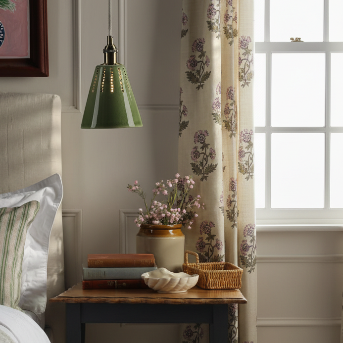 Joules Allington green glazed ceramic pendant light with antique brass fitting hanging above a bedside table