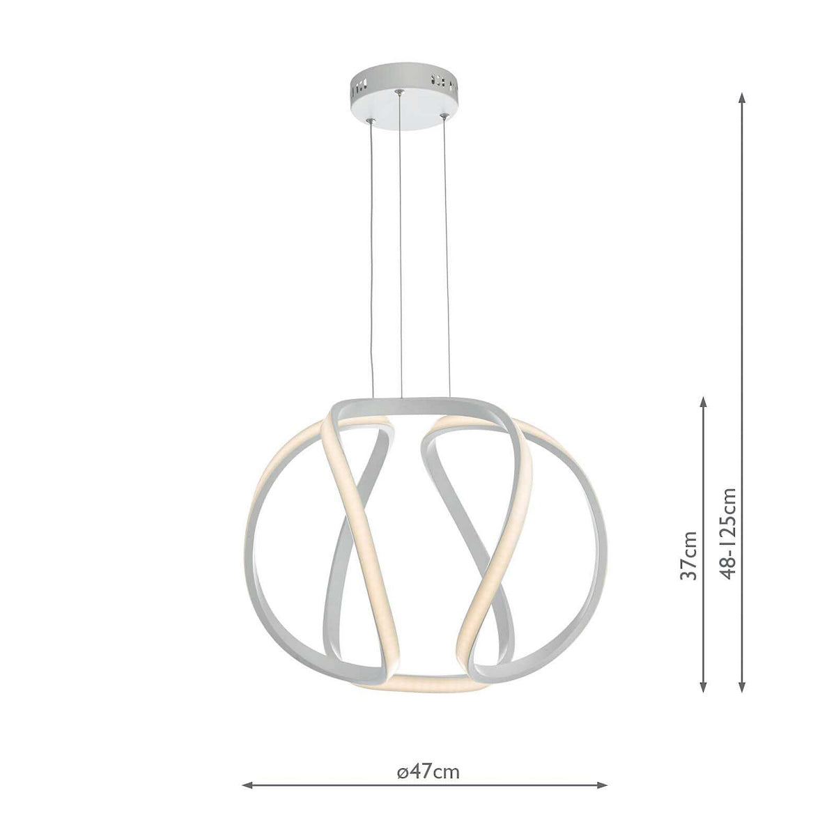 Modern LED pendant light with intertwined rings, white finish, and warm illumination. Dimensions are 47cm diameter, 37cm height, and adjustable suspension from 48-125cm.