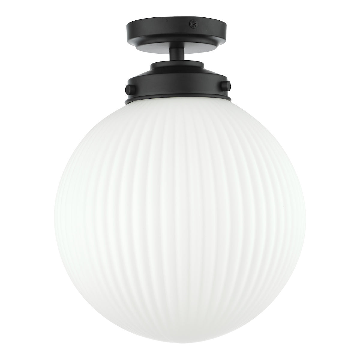 White ribbed globe light fixture with a black base on a white background.
