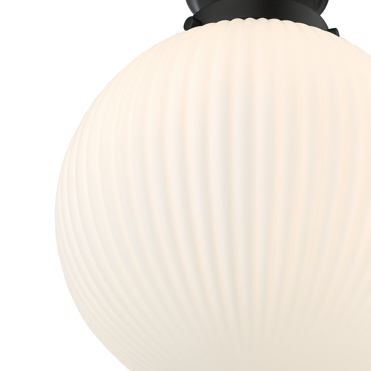 Close-up of a white, ribbed glass globe light fixture with a black base.
