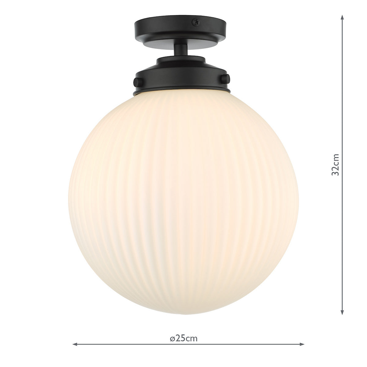 White ribbed glass globe ceiling light with black base, 32cm high, 25cm diameter.