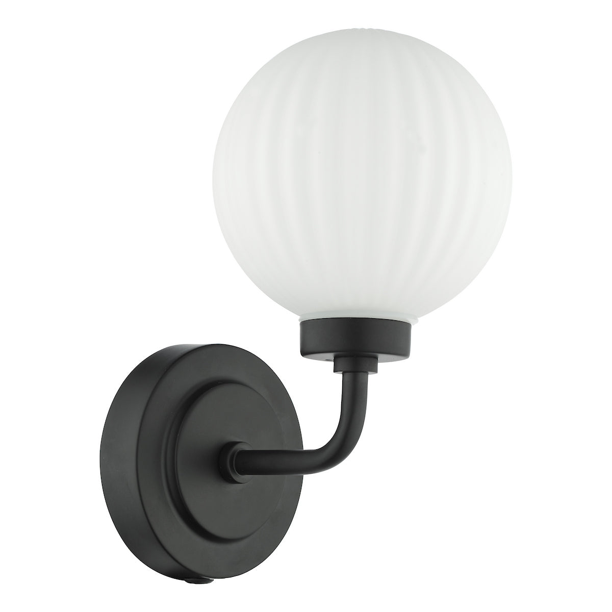 Black wall sconce with a ribbed, spherical white glass shade.