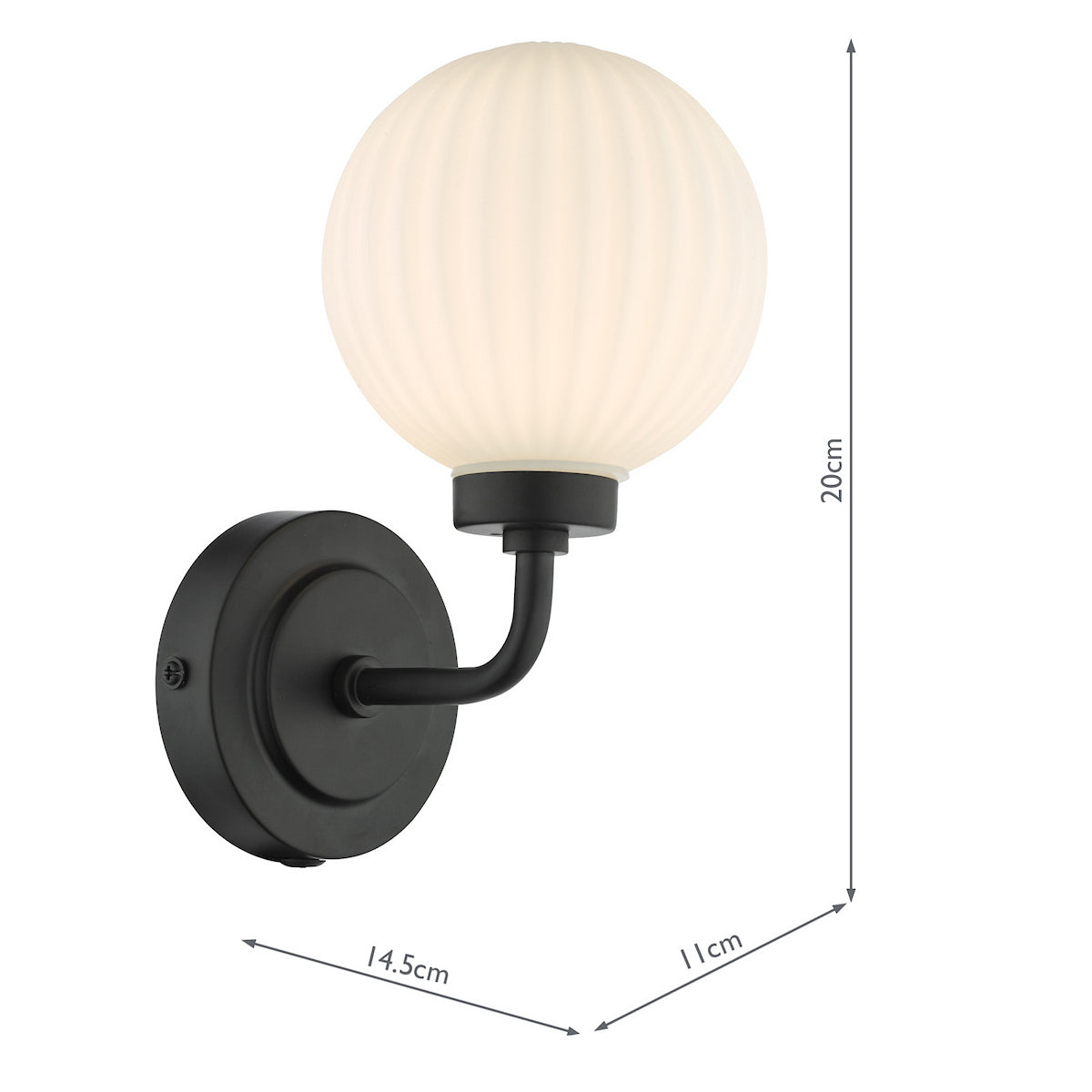 Black wall light with a ribbed, spherical, frosted glass shade. Dimensions are 20cm high, 14.5cm wide, 11cm deep.