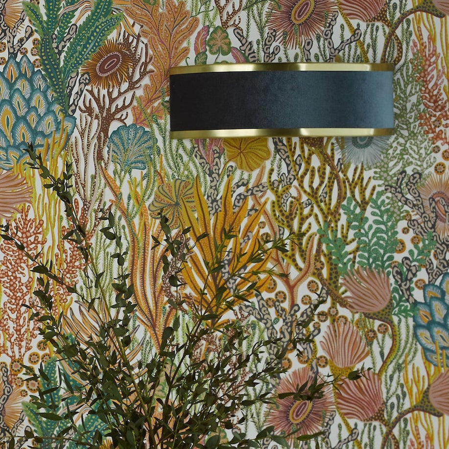 Alvaro Wall Light in Antique Brushed Brass With Navy Blue Velvet Shade
