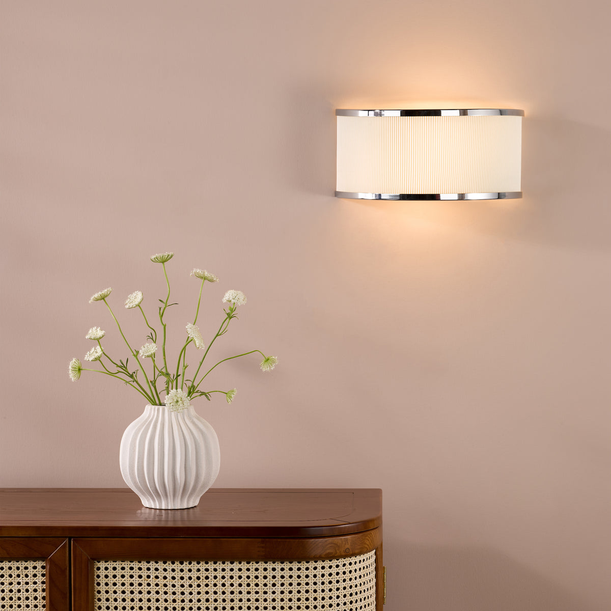 Alvaro Large Wall Light In Polished Chrome With Pleated Ivory Shade
