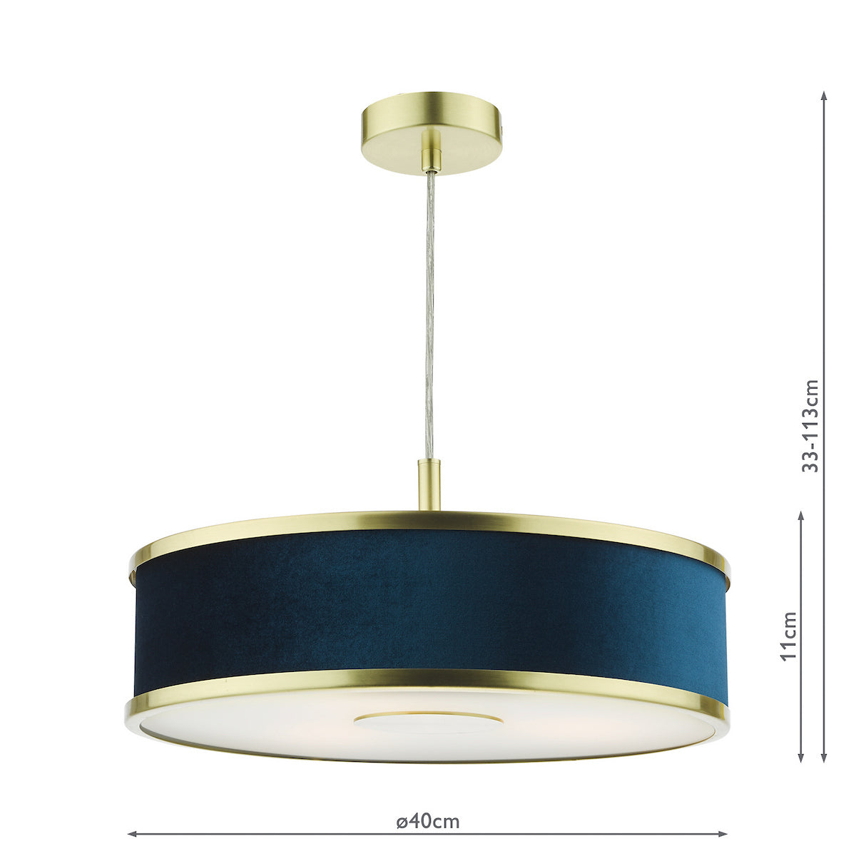 Blue velvet and gold pendant light with dimensions.