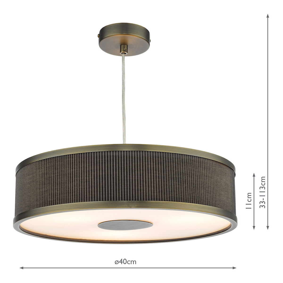 Bronze ceiling light with a ribbed shade and a glowing diffuser, showing dimensions.