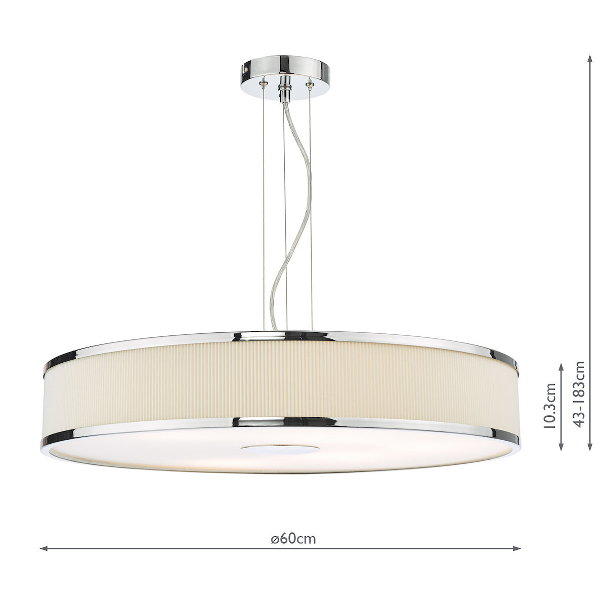 Cream pleated drum pendant light with chrome accents and dimensions.