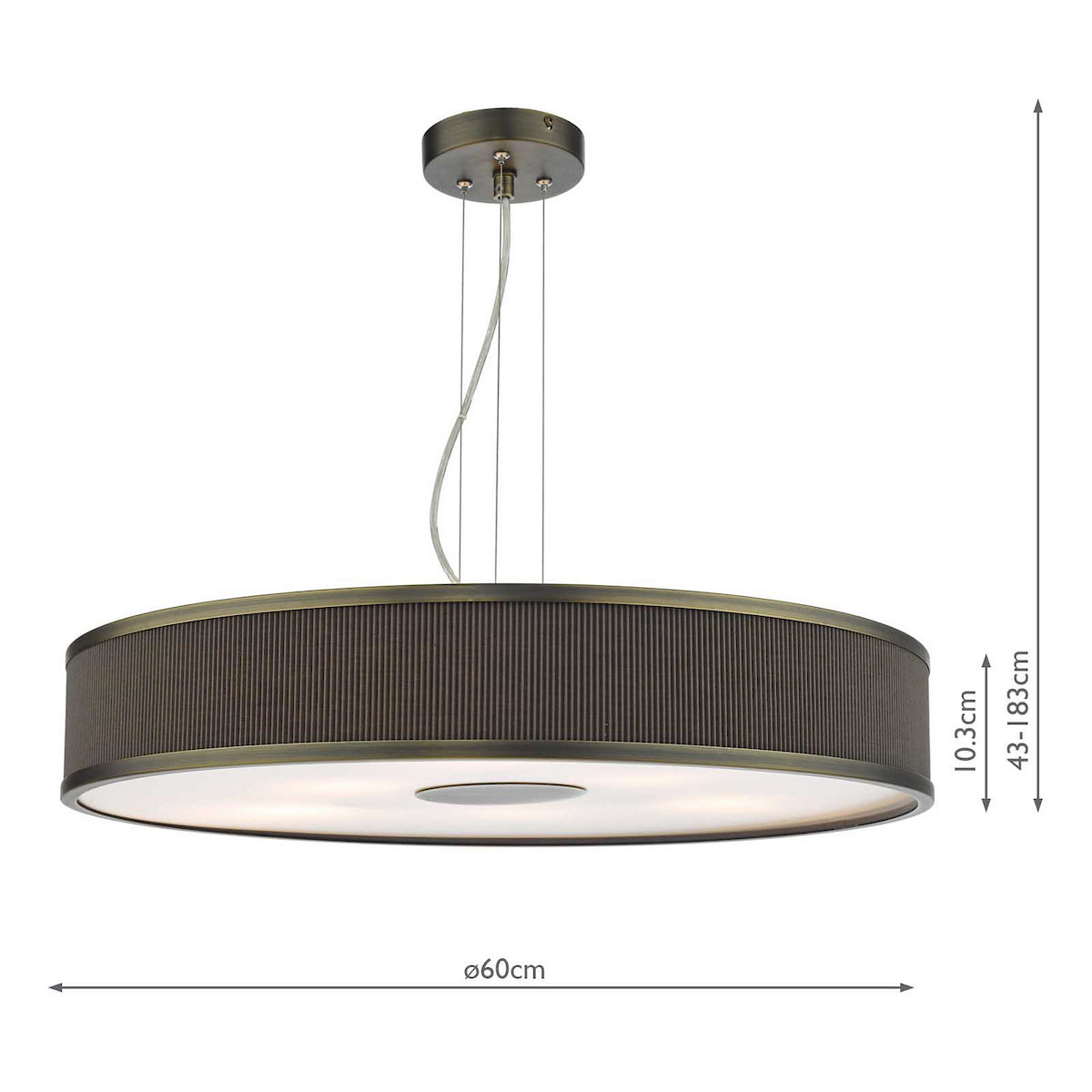 Round, dark brown pendant light with a textured shade and a white diffuser, showing dimensions.