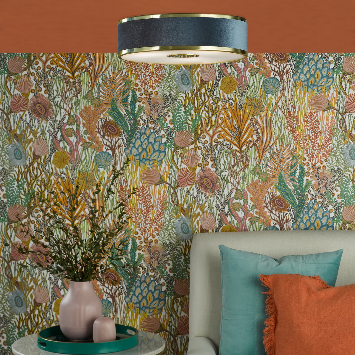 Alvaro Semi Flush Ceiling Light In Brushed Brass With Navy Blue Velvet Shade