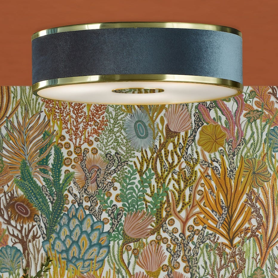 Alvaro Semi Flush Ceiling Light In Brushed Brass With Navy Blue Velvet Shade