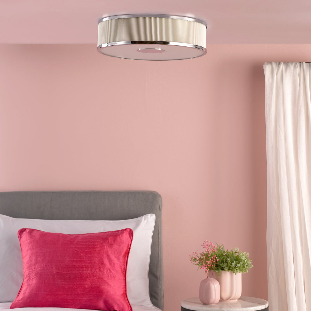 Alvaro Semi Flush Ceiling Light In Polished Chrome With Pleated Ivory Shade
