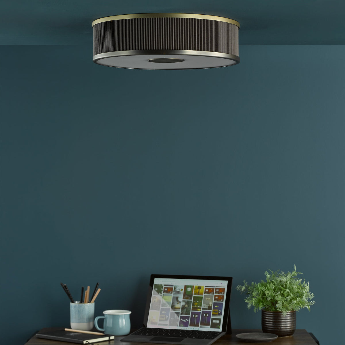 Alvaro Semi Flush Ceiling Light In Antique Bronze With Pleated Mushroom Shade