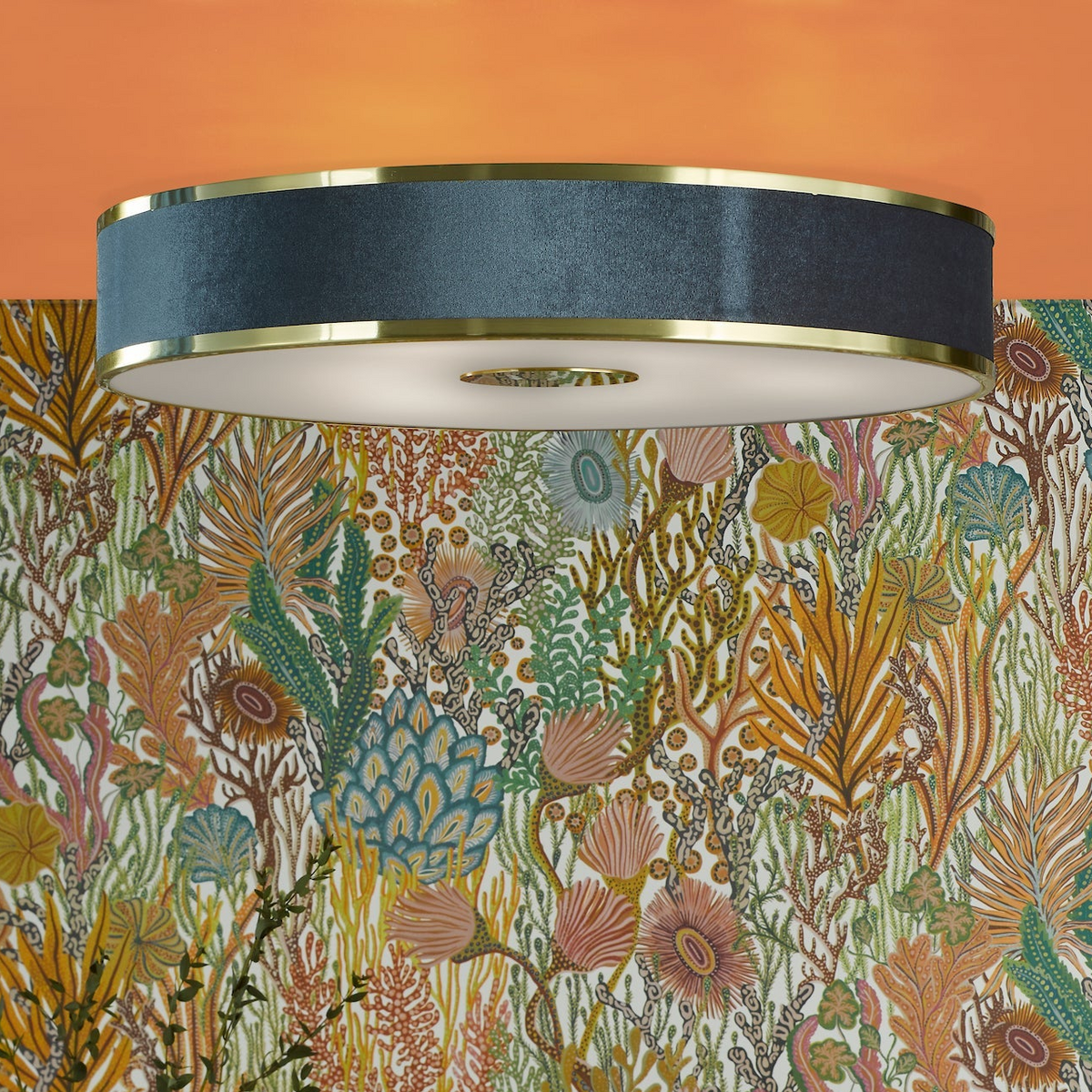 Alvaro Large Semi Flush Ceiling Light In Brushed Brass With Navy Blue Velvet Shade